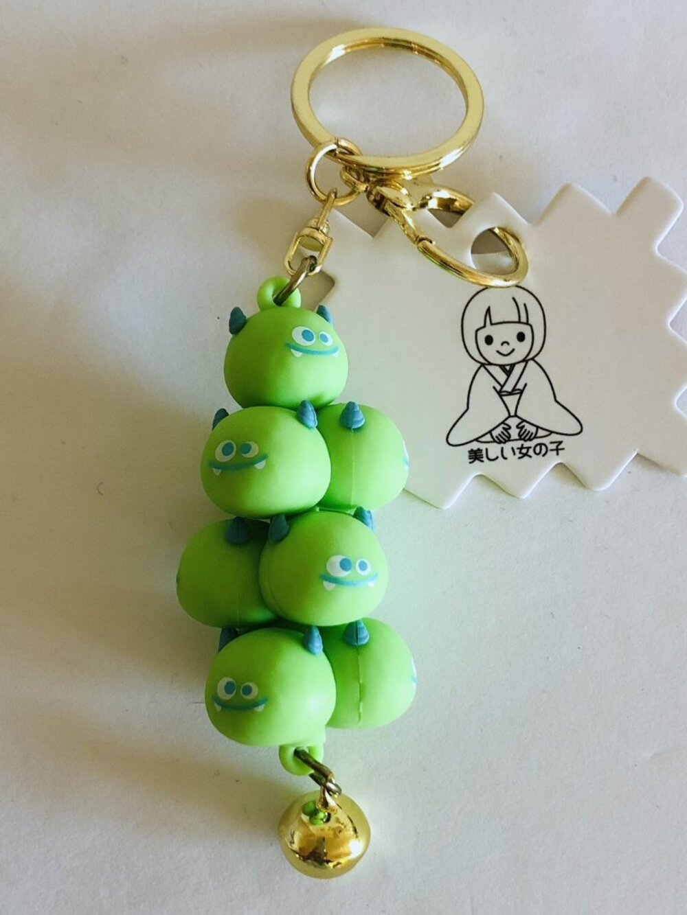 Bag Charm Keychain Monster Heads Stacked with Bell Green New